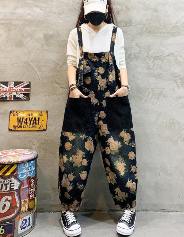 Vintage Printed Casual Denim Jumpsuit