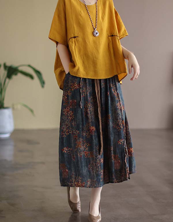 Waist Lace-up Summer Floral Linen Skirt