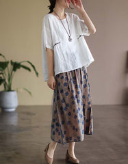 Waist Lace-up Summer Floral Linen Skirt