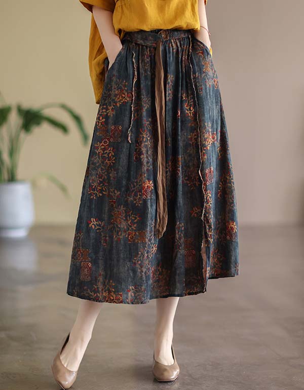 Waist Lace-up Summer Floral Linen Skirt