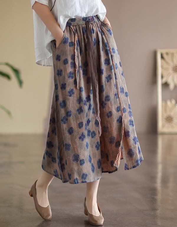 Waist Lace-up Summer Floral Linen Skirt