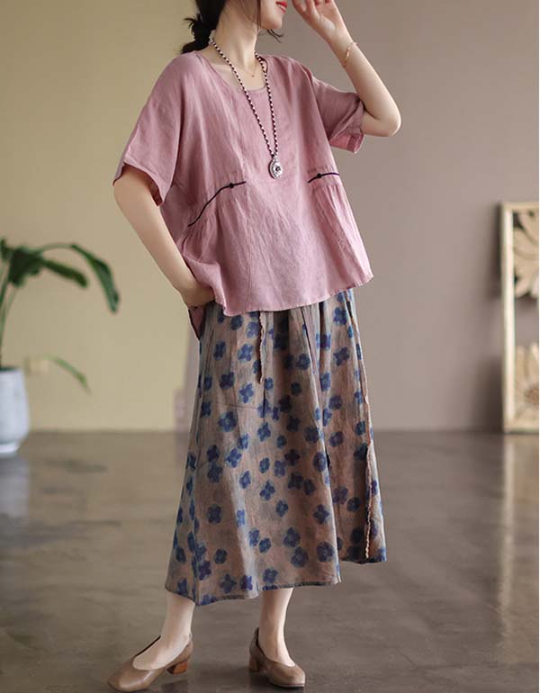 Waist Lace-up Summer Floral Linen Skirt