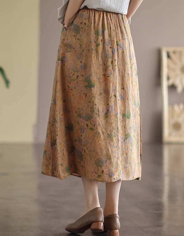 Waist Lace-up Summer Floral Linen Skirt