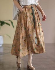 Waist Lace-up Summer Floral Linen Skirt