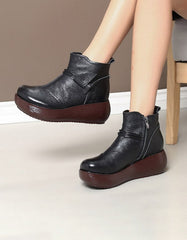 Waterproof Leather Retro Wedge Boots