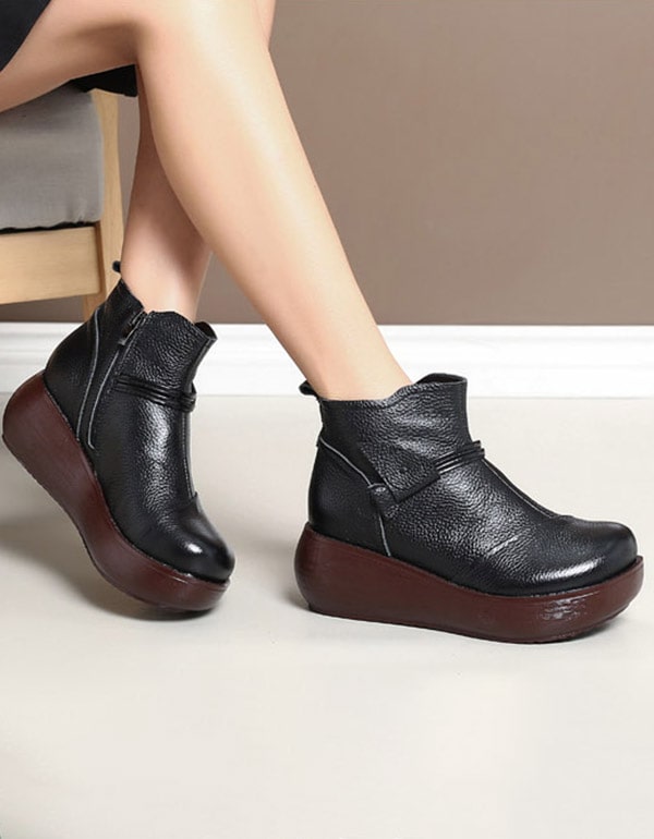 Waterproof Leather Retro Wedge Boots