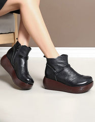 Waterproof Leather Retro Wedge Boots