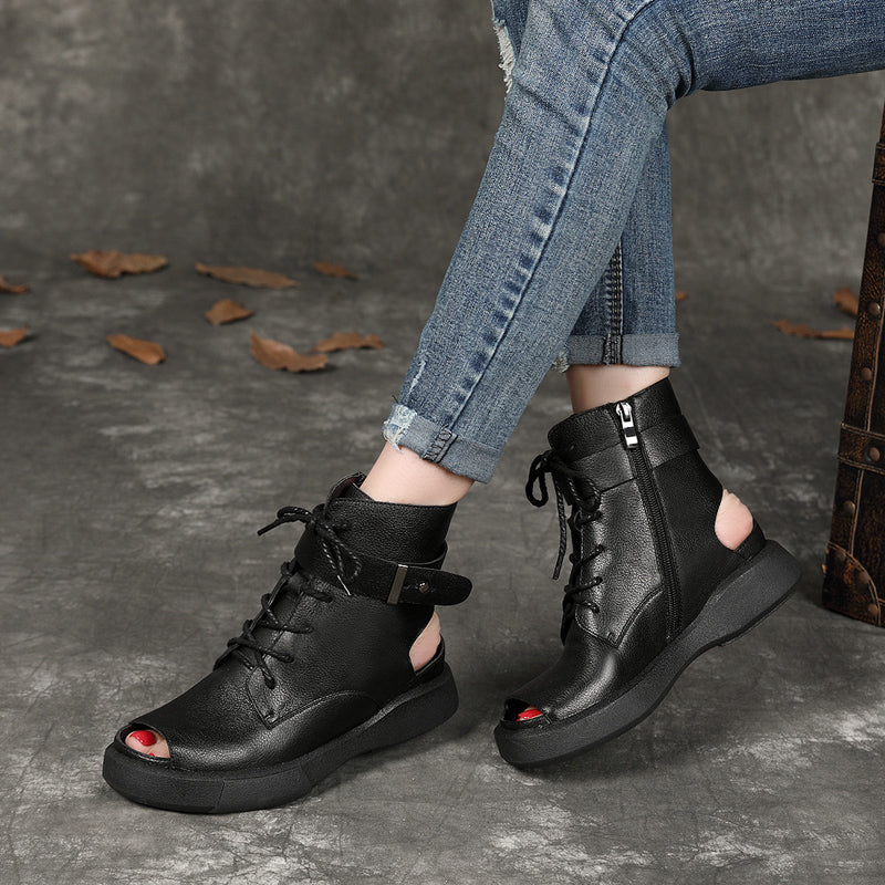 Buckle Retro Leather Open Toe Summer Boots