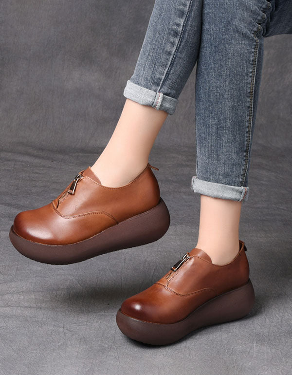 Women's Retro Leather Waterproof Wedge Shoes