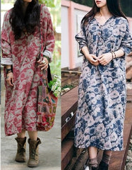 Women's Flower Printed Cotton Linen Loose Dress