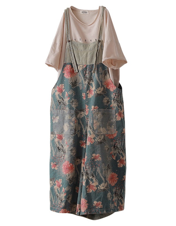 Retro Loose Printed Floral Women's Denim Jumpsuit