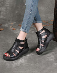 Women's Retro Leather Ankle Strap Sandals Black