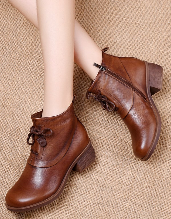 Women's Retro Leather Chunky Ankle Boots