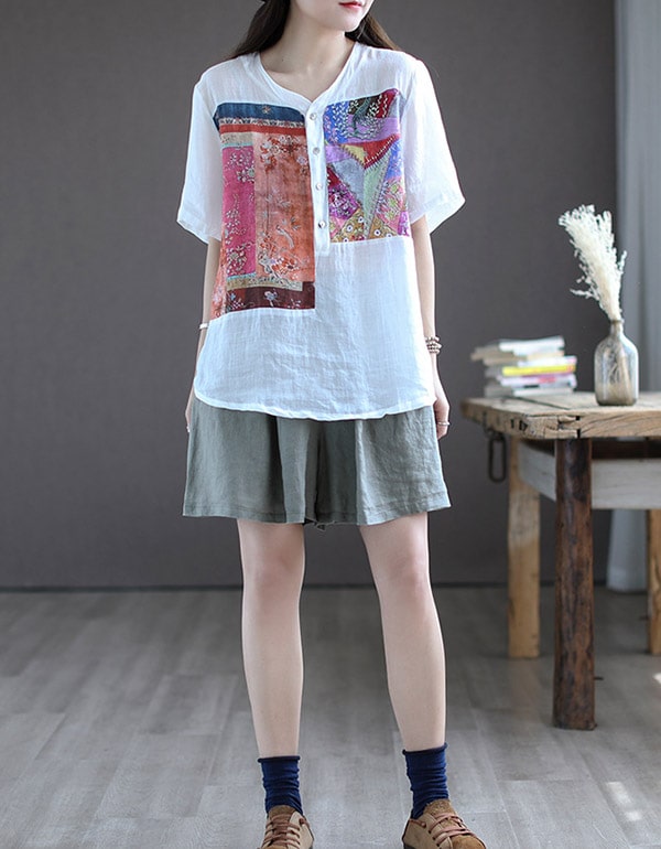 Women's Summer Printed Linen Loose Shirt