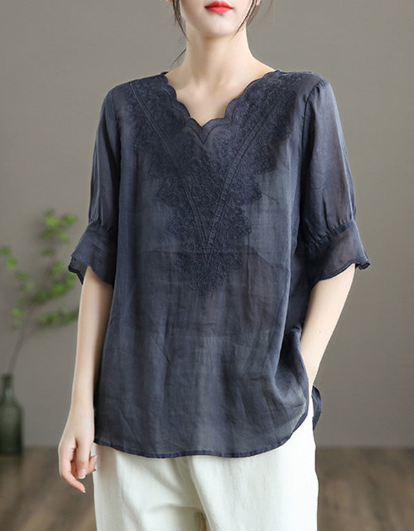 Women's Summer V-neck Ramie Shirt