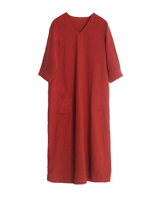 Womens V-neck Loose Linen Dress Red