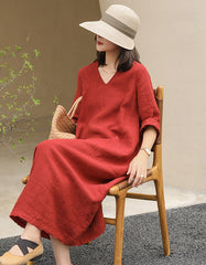 Womens V-neck Loose Linen Dress Red