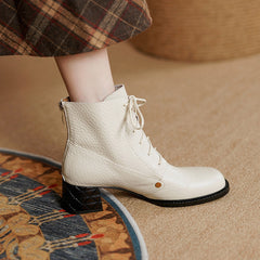 Block Heel Boots Back Zip Cowhide Ankle Boots Soft Walking Short Boots White/Black