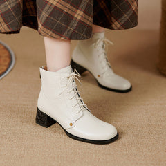 Block Heel Boots Back Zip Cowhide Ankle Boots Soft Walking Short Boots White/Black