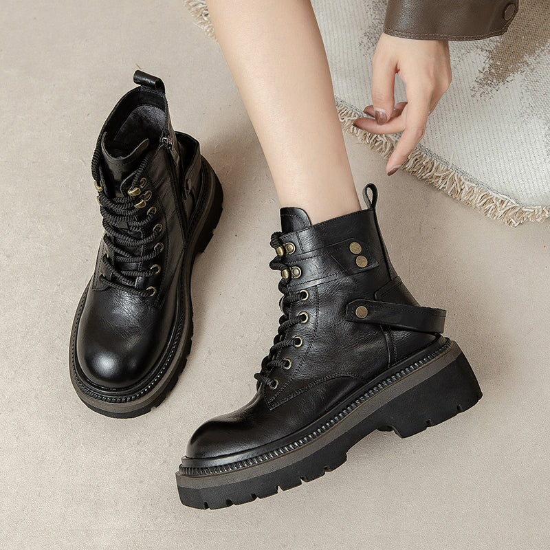 60mm Platform Cowhide Combat Boots Designer Retro Chunky Riding Boots