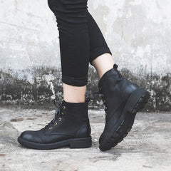 Full Grain Combat Boots Designer Retro Chunky Martin Boots Coffee/Black