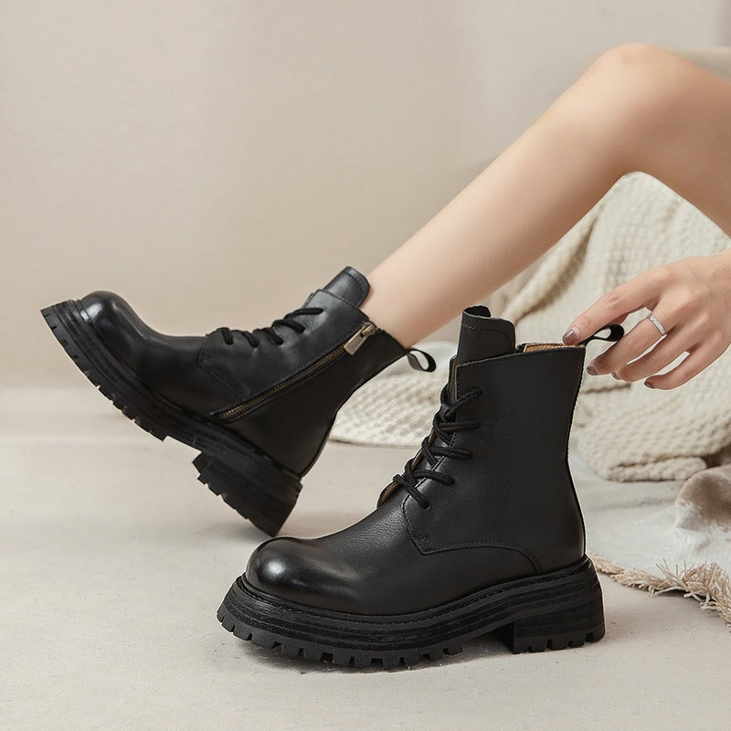 55mm Platform Boots Round Toe Combat Boots Lace up Martin Boots