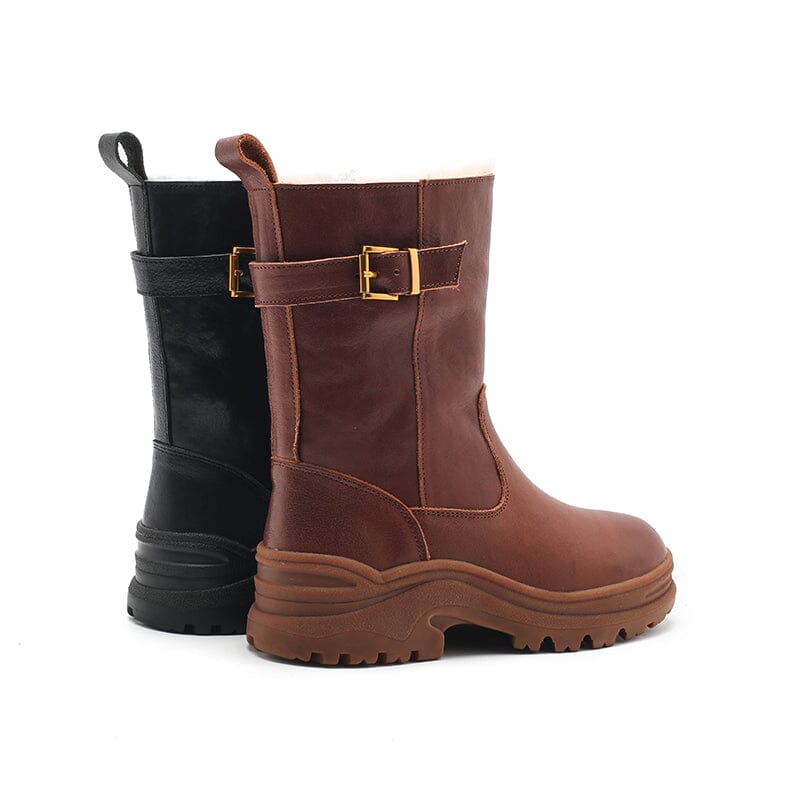 Womens Retro Mid Calf Boots Shearling Lined for Cold Winter Snow Boots