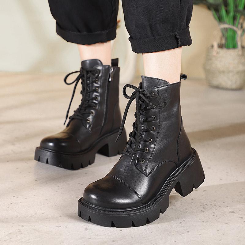 Genuine Martin Boots Lace-Up Combat Boots Retro Chunky Ankle Boots