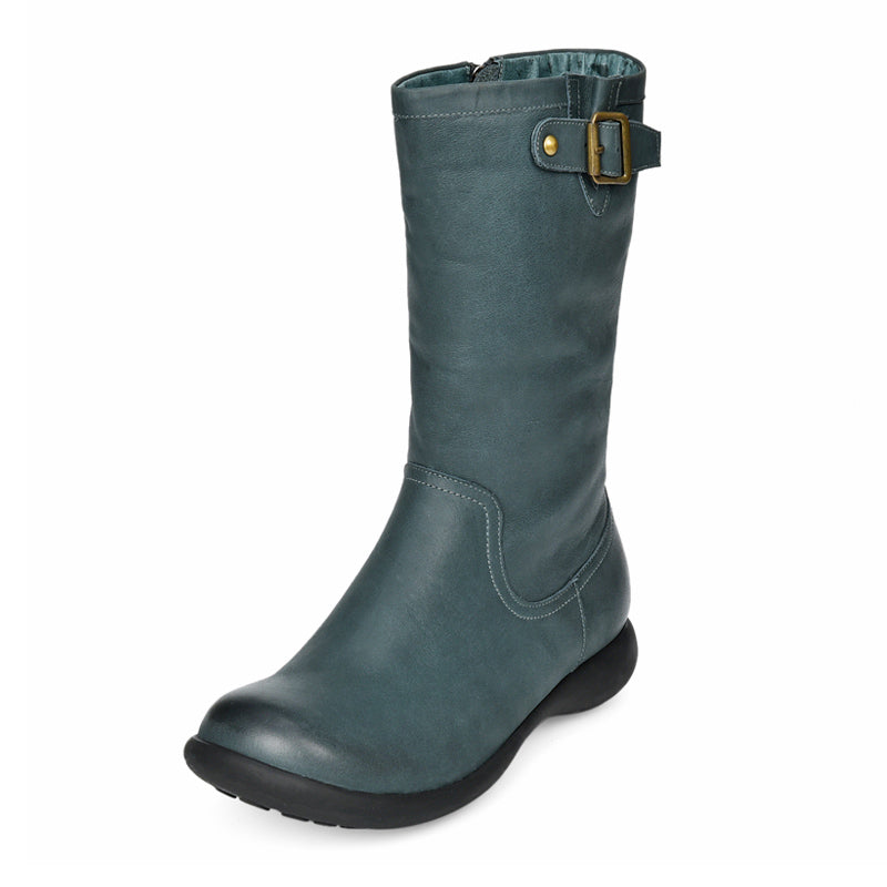 Womens Retro Mid Calf Boots with Short Plush Lining for Cold Winter Black/Blue