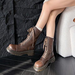 Women's Lace up Ankle Boots Side Zip Chunky Combat Boots