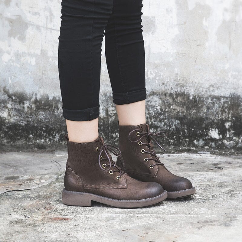 Full Grain Combat Boots Designer Retro Chunky Martin Boots Coffee/Black