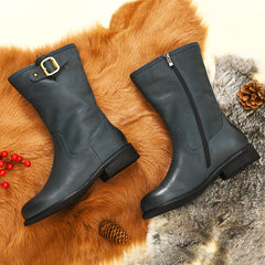 Womens Retro Mid Calf Boots with Short Plush Lining for Cold Winter Black/Blue