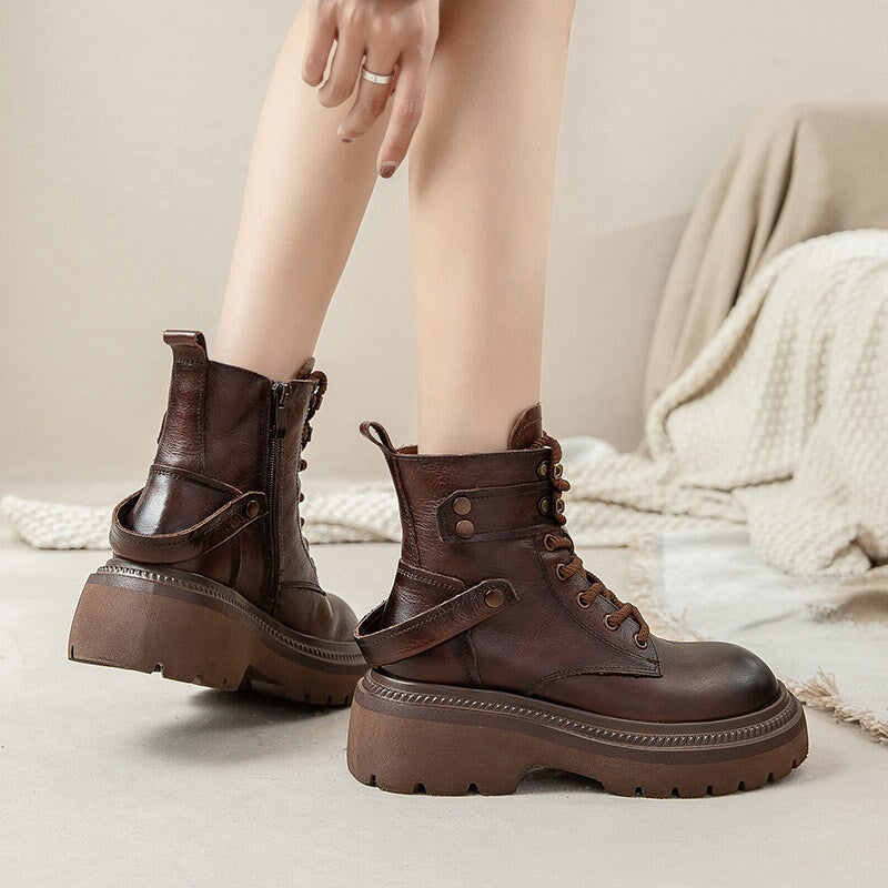 60mm Platform Cowhide Combat Boots Designer Retro Chunky Riding Boots