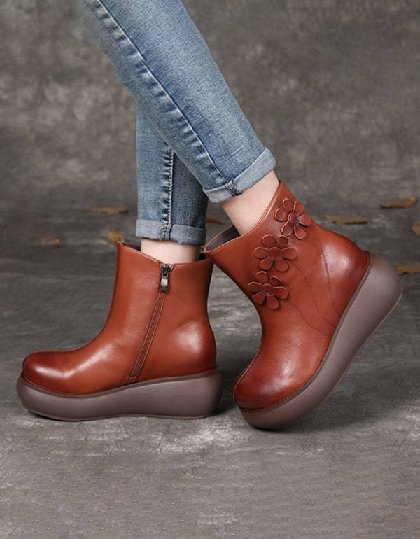 OBIONO Flower Retro Leather Wedge Ankle Boots