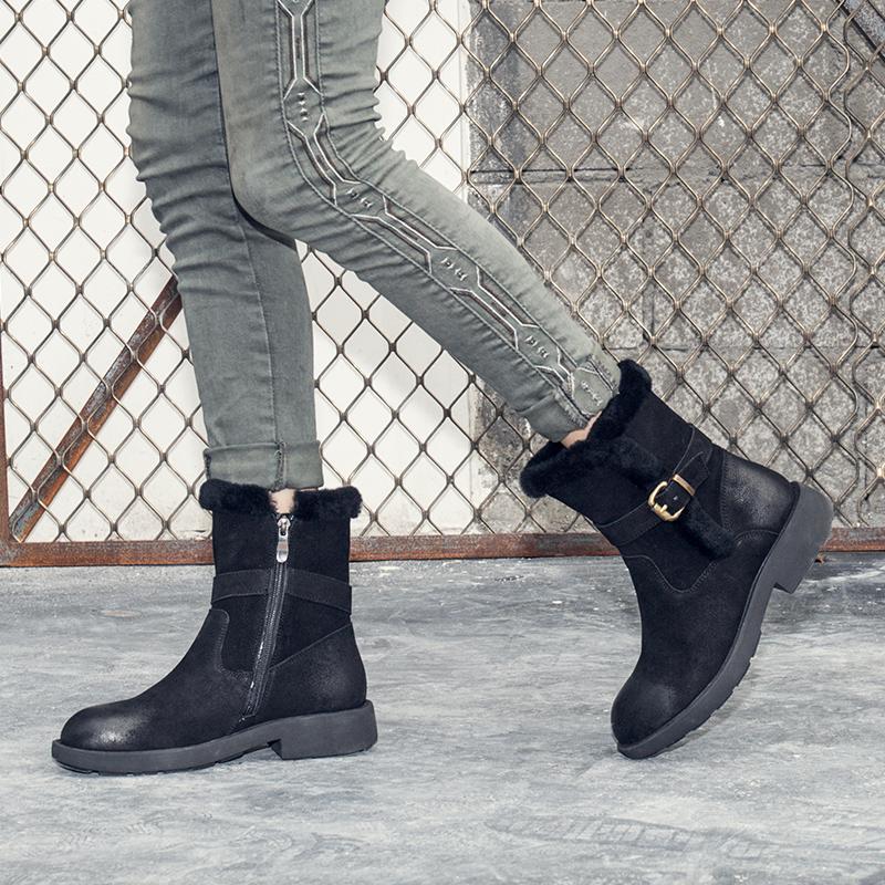 Womens Retro Nubuck Short Boots for Winter Side Zipper Buckles Fur Boots  Black/Coffee