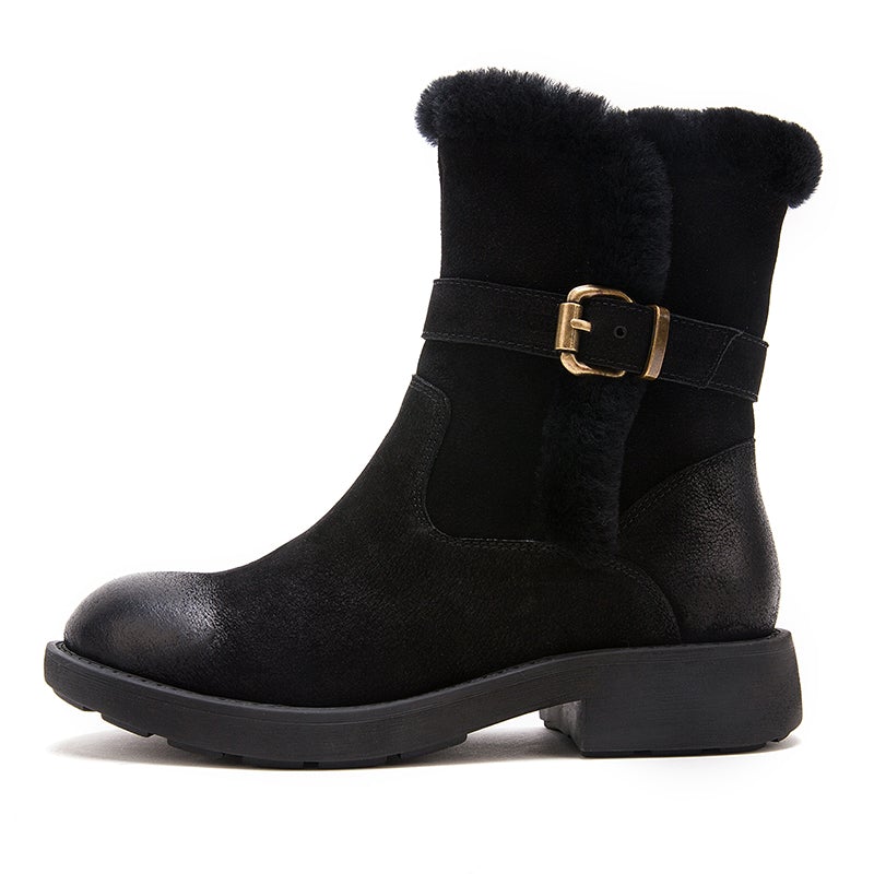 Womens Retro Nubuck Short Boots for Winter Side Zipper Buckles Fur Boots  Black/Coffee