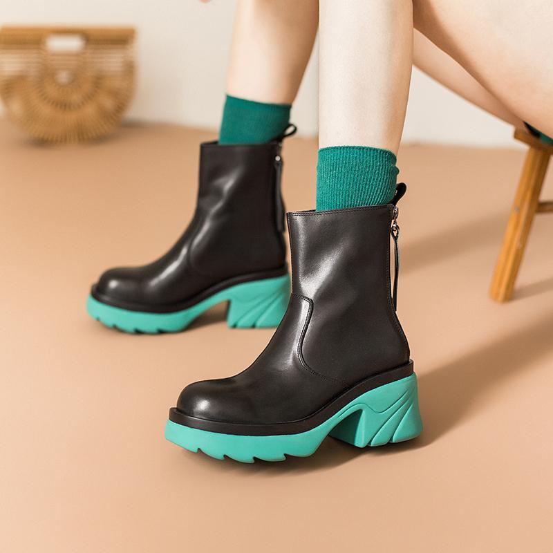 Colorful Sole Short Boots Chunky Riding Boots High Heel Back Zip