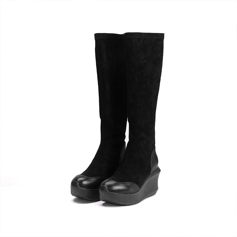 Designer 83mm Knee-high Wedge Boots Stretch Boots