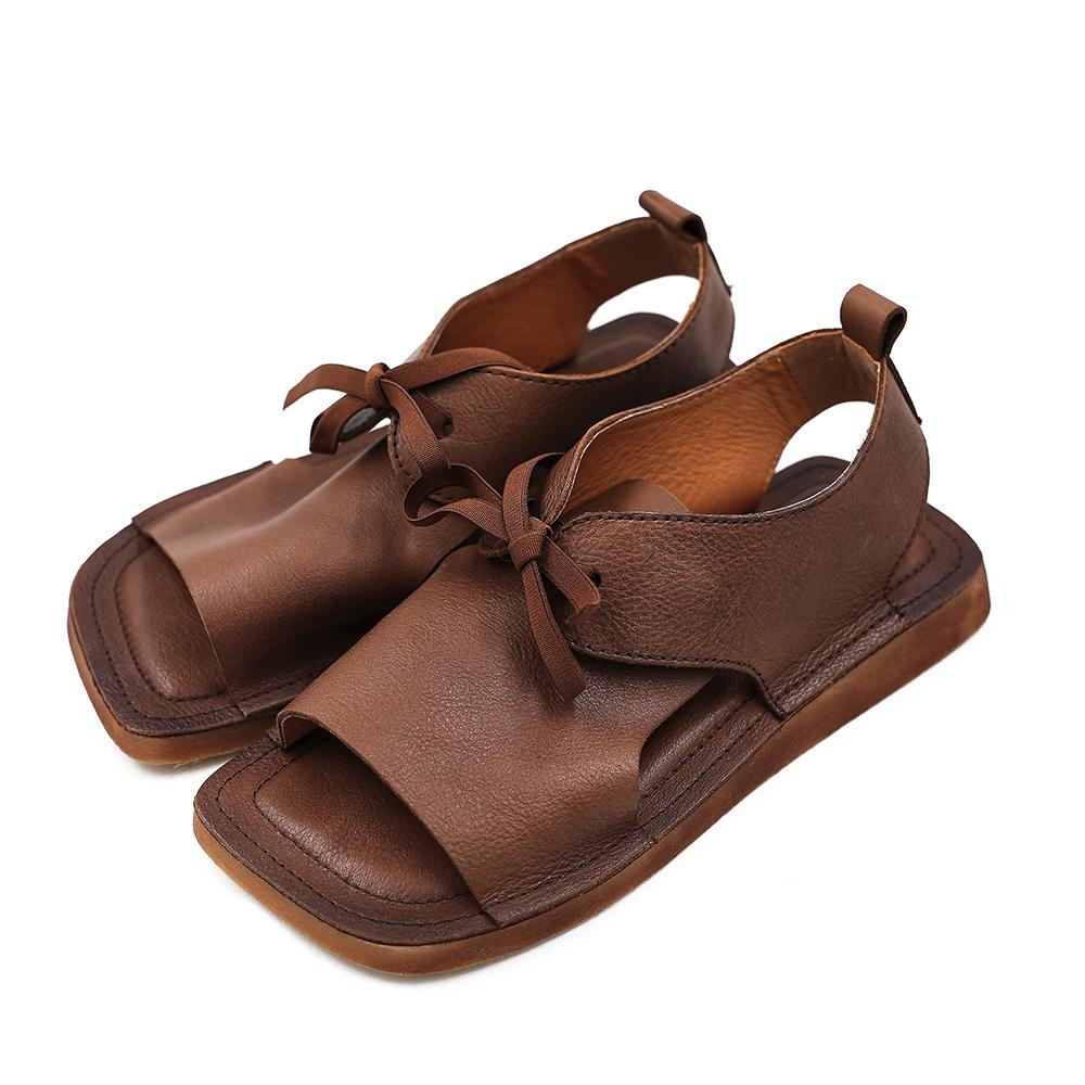 Designer Summer Shoes  Genuine Sandals Square Toe Retro Flats Coffee/Brown