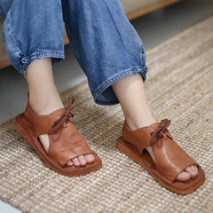 Designer Summer Shoes  Genuine Sandals Square Toe Retro Flats Coffee/Brown