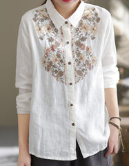 Flower Embroidery Linen Long Sleeve Shirt