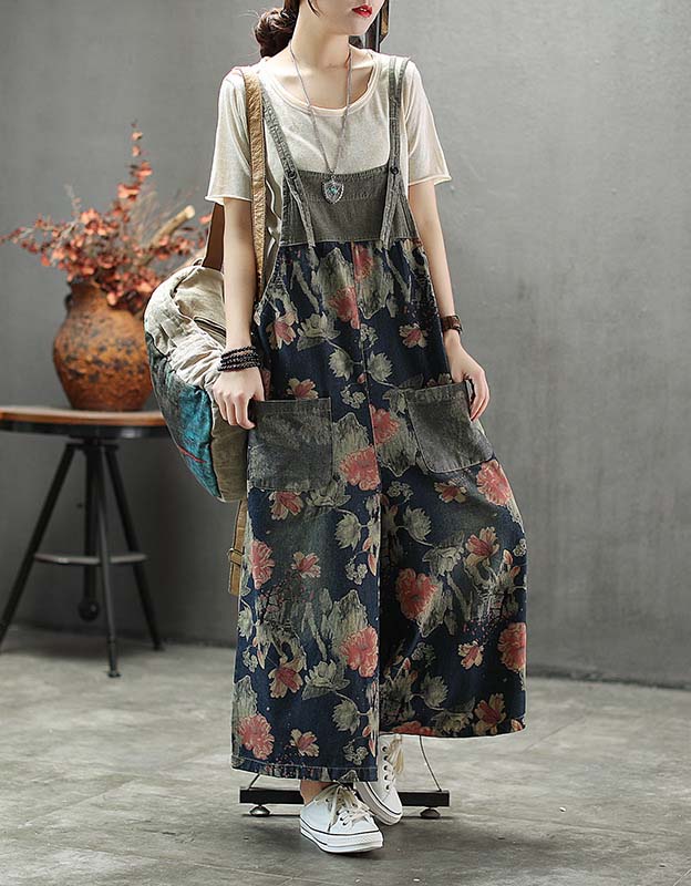 Retro Loose Printed Floral Women's Denim Jumpsuit