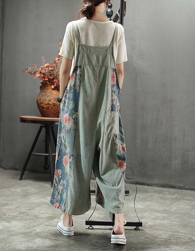 Retro Loose Printed Floral Women's Denim Jumpsuit