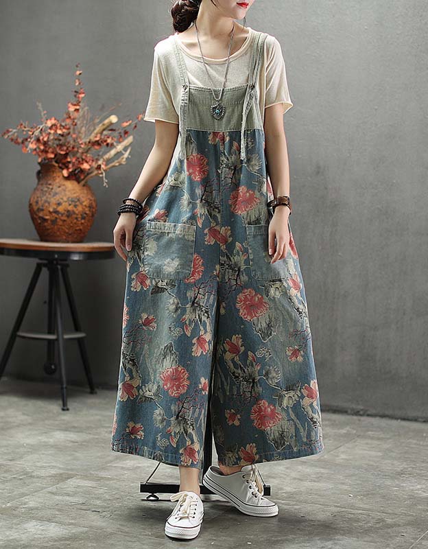 Retro Loose Printed Floral Women's Denim Jumpsuit