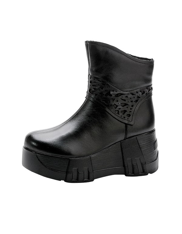 Handmade Carved Mid-tube Retro Wedge Booties