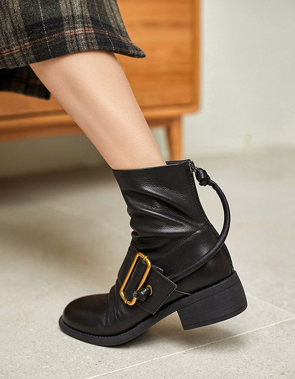 Women's Wide Leather Buckle Ankle Boots