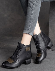 Handmade Retro Leather Patch Chunky Boots