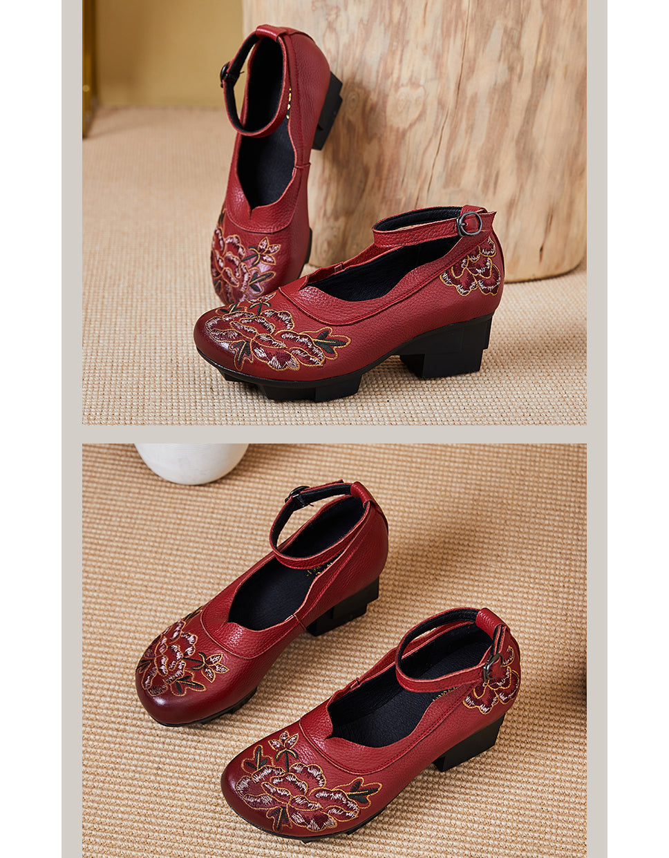 Ethnic Style Ankle Strap Embroidery Chunky Heels