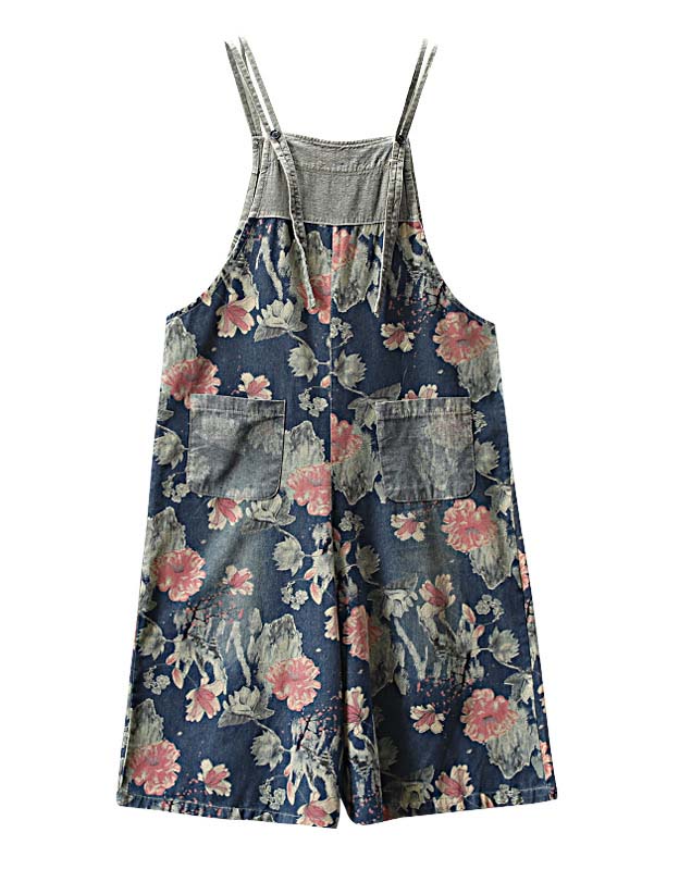 Retro Loose Printed Floral Women's Denim Jumpsuit