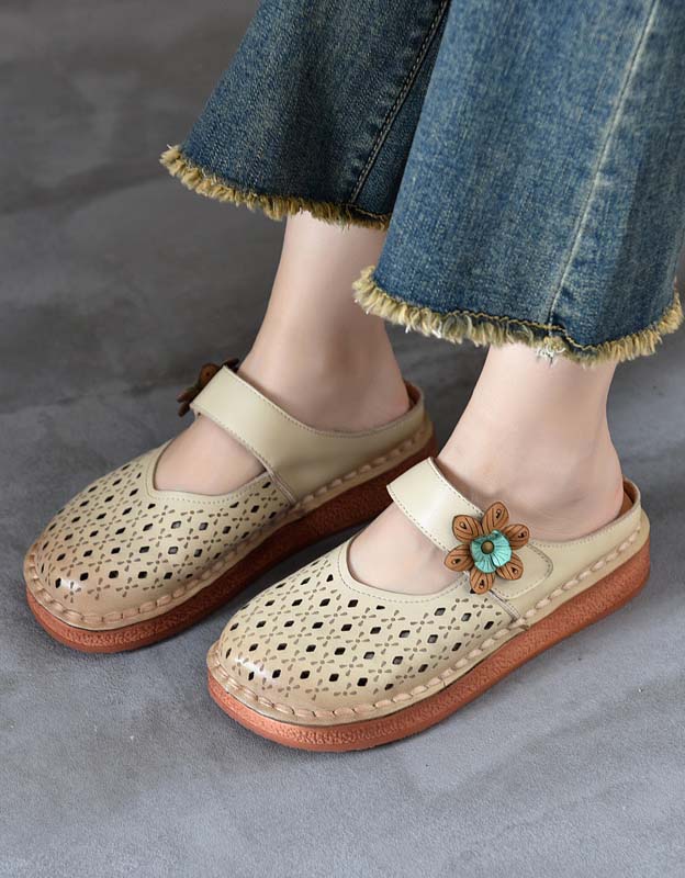 Handmade Retro Leather Hollow Summer Slippers